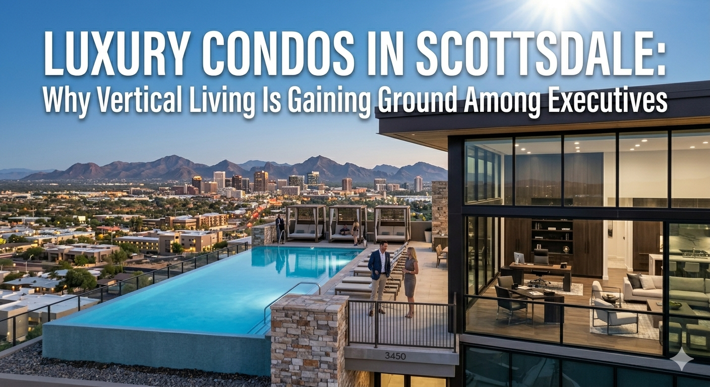 Modern luxury high-rise condo in Scottsdale with rooftop pool, city skyline views, and executive-style interiors, representing rising demand for vertical living among professionals in Arizona real estate, overlaid with the text: “Luxury Condos in Scottsdale: Why Vertical Living Is Gaining Ground Among Executives”