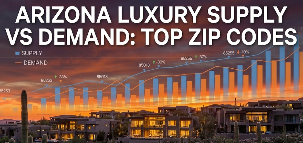 Cluster of luxury Arizona homes with desert sunset and data overlay, overlaid with the text: “ARIZONA LUXURY SUPPLY VS DEMAND: TOP ZIP CODES”