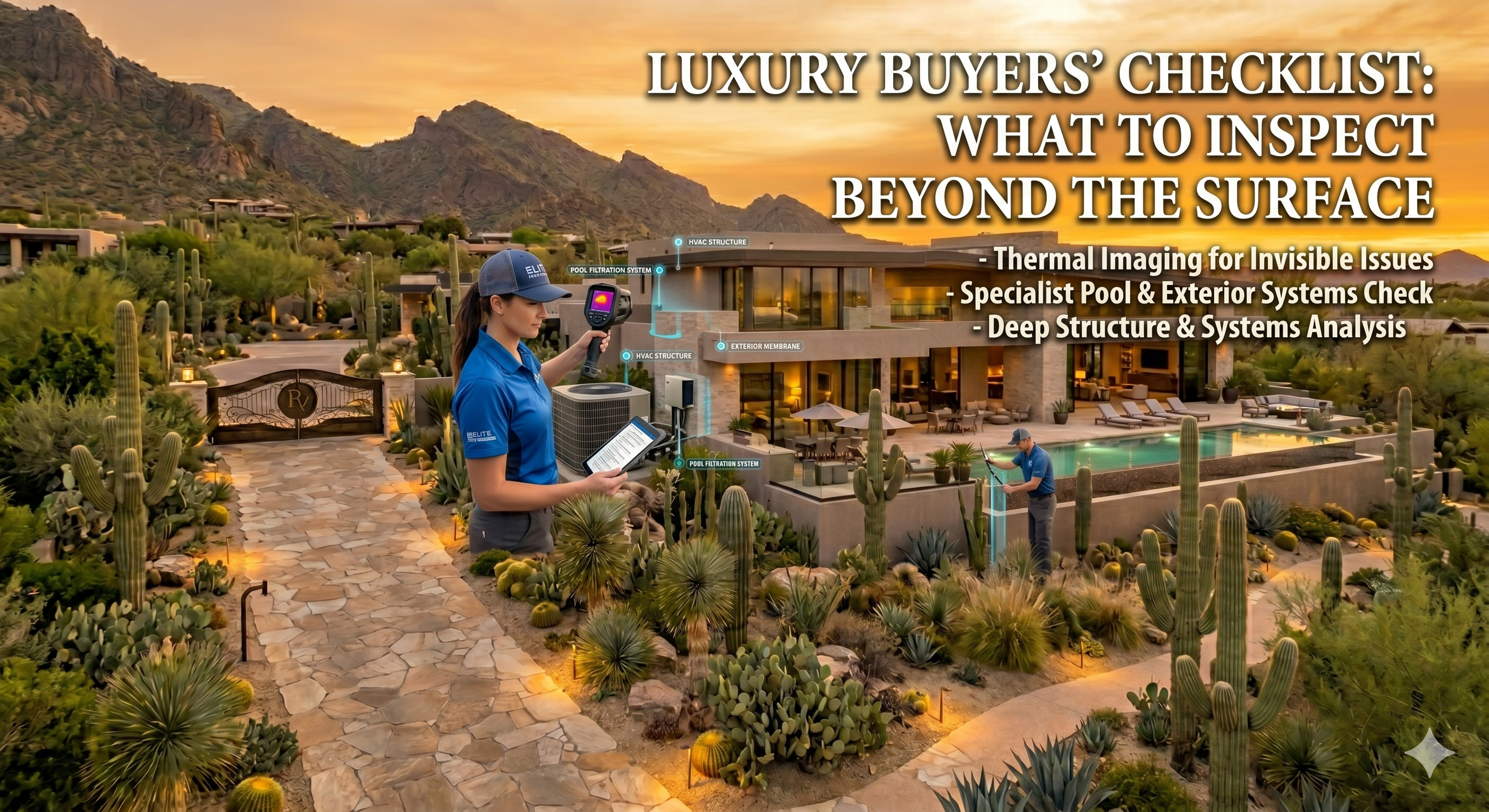  Luxury Arizona home inspection scene showing a modern desert estate with an inspector reviewing structural and outdoor systems, overlaid with the text: “Luxury Buyers’ Checklist: What to Inspect Beyond the Surface”