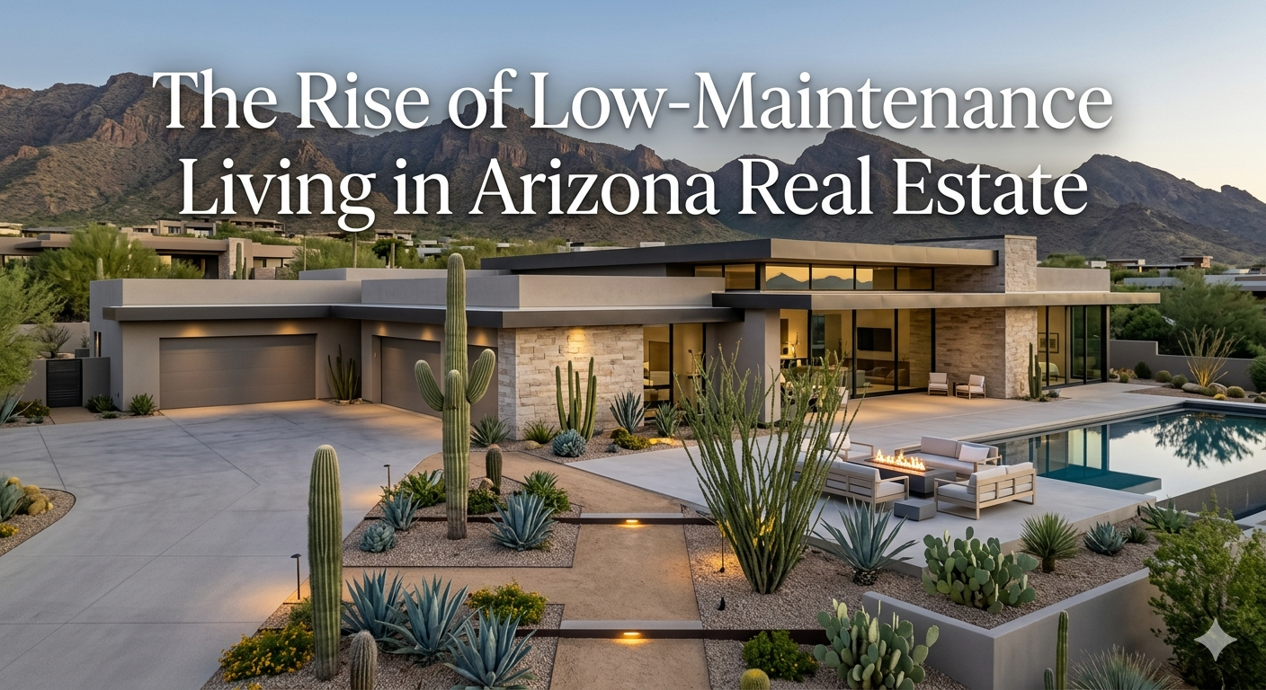 Modern Scottsdale luxury home with clean architecture, desert landscaping, and minimalist outdoor design representing low-maintenance living in Arizona real estate, overlaid with the text: “The Rise of Low-Maintenance Living in Arizona Real Estate”