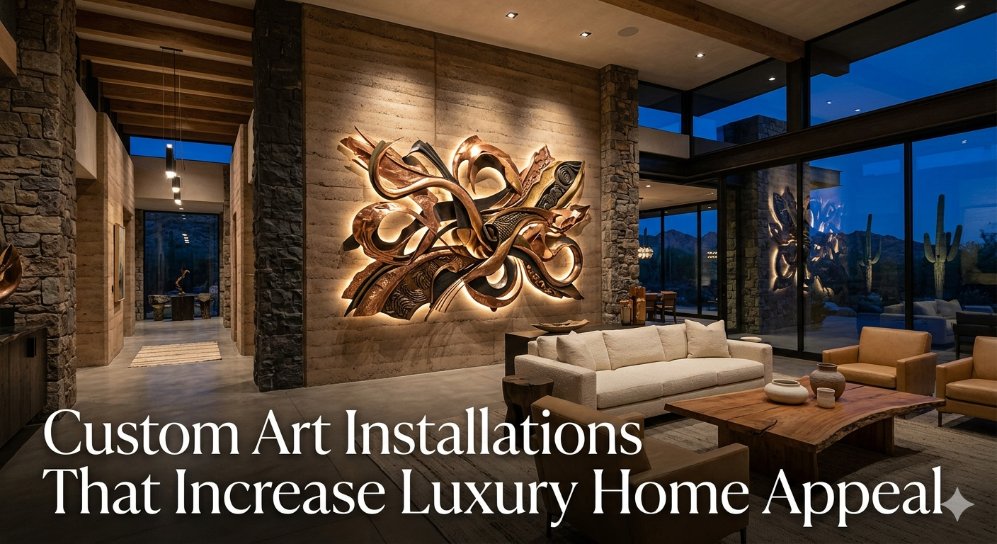 Modern Arizona luxury home interior featuring a dramatic custom art installation with sculptural lighting, desert-inspired textures, and gallery-style architecture, overlaid with the text: “Custom Art Installations That Increase Luxury Home Appeal”