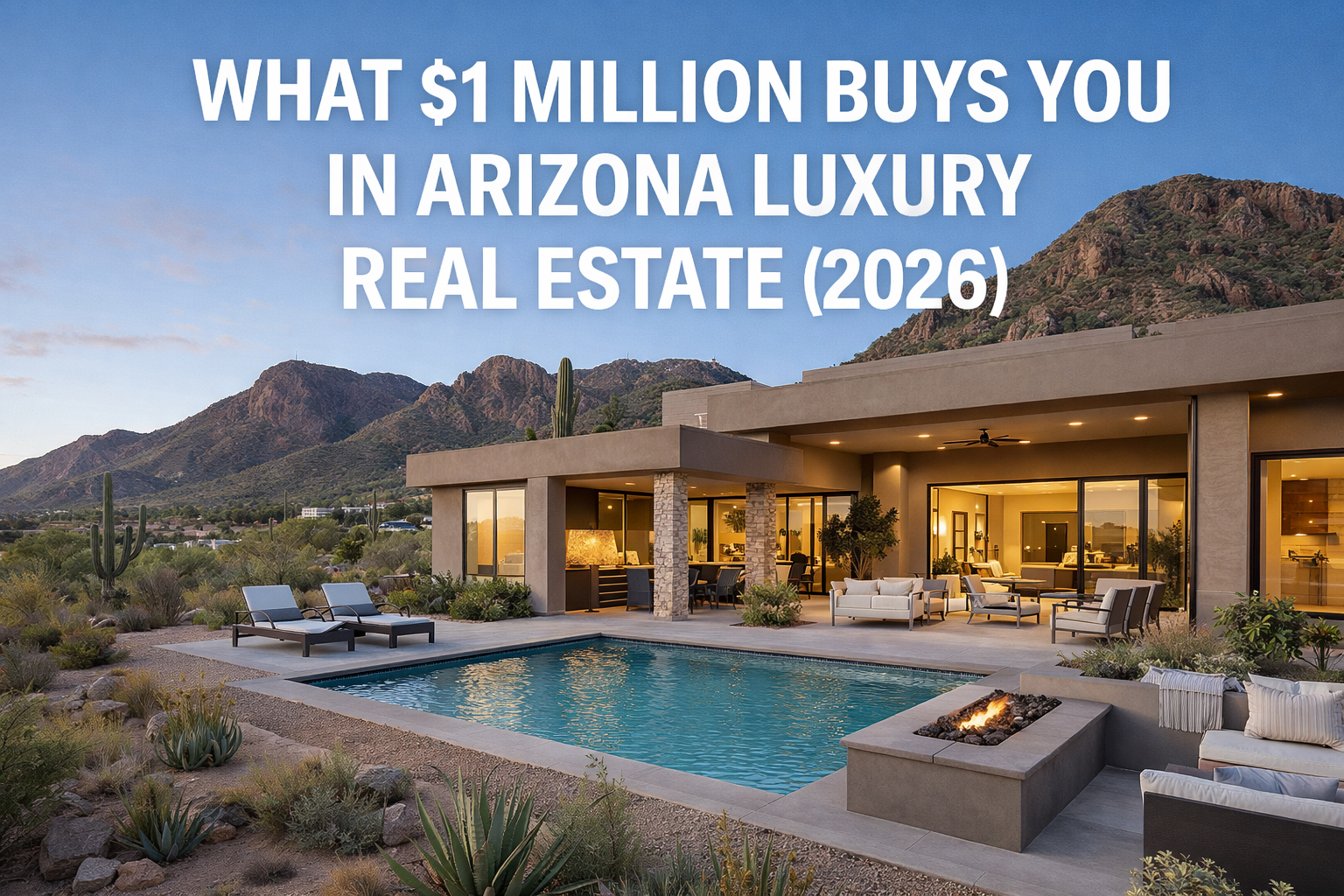 Modern Arizona luxury home with desert landscaping, outdoor living space, and mountain views, overlaid with the text: “WHAT $1 MILLION BUYS YOU IN ARIZONA LUXURY REAL ESTATE (2026)”