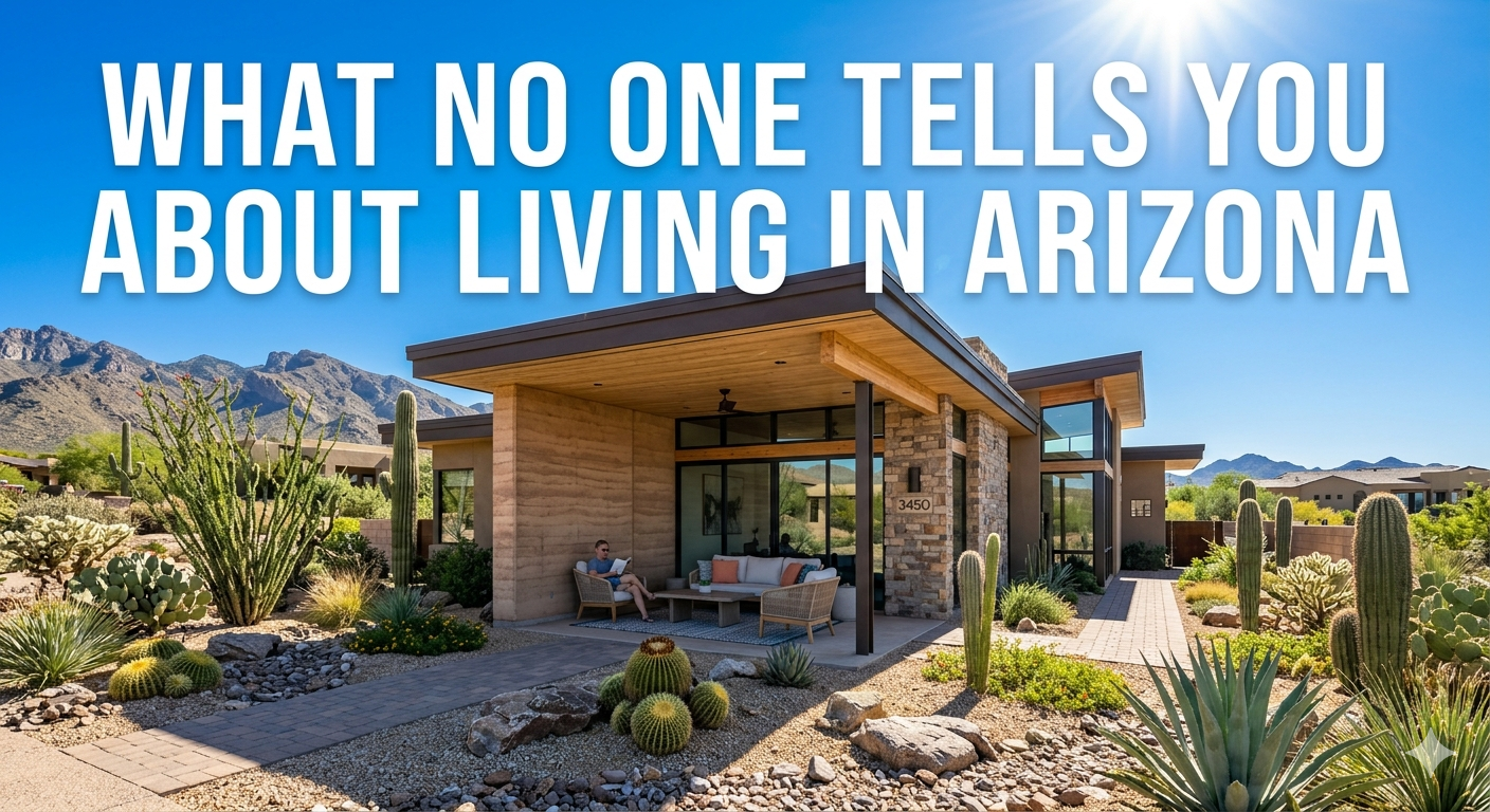  Modern Arizona desert home with bright sun, shaded patio, and cactus landscaping under clear skies, representing real-life desert living conditions, overlaid with the text: “What No One Tells You About Living in Arizona”