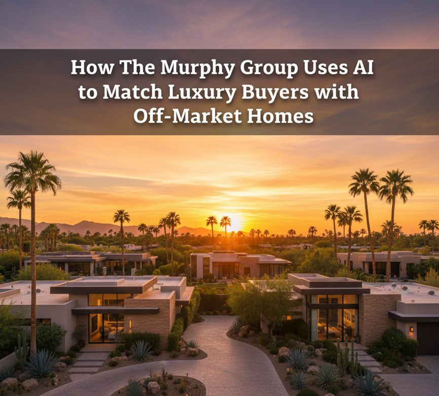 Elegant desert neighborhood at sunset featuring modern luxury homes, palm trees, and a warm golden sky, overlaid with the text: “How The Murphy Group Uses AI to Match Luxury Buyers with Off-Market Homes