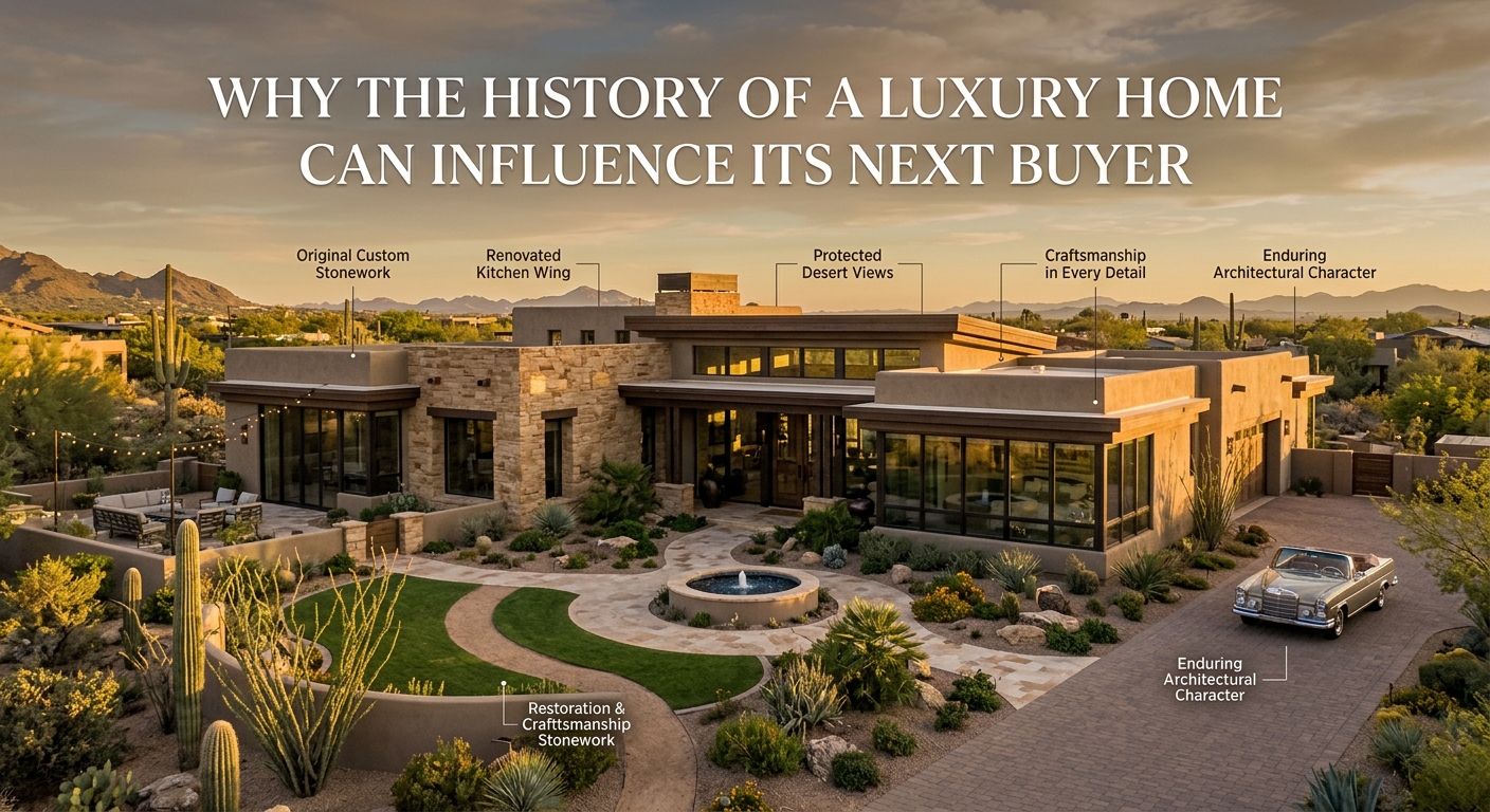  Elegant Arizona luxury home showcasing distinctive architecture, mature desert landscaping, custom stonework, and expansive windows overlooking the desert landscape, representing the history, craftsmanship, renovations, and enduring character that can influence a luxury property's next buyer overlaid with text: Why the History of a Luxury Home Can Influence Its Next Buyer 