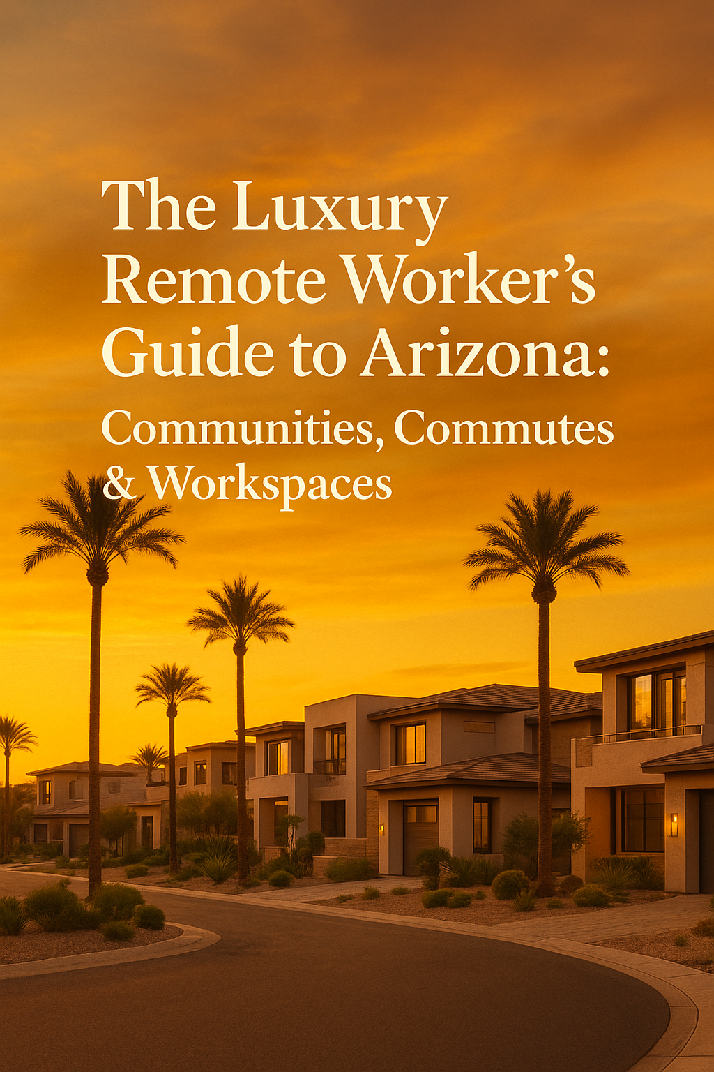 Elegant desert neighborhood at sunset featuring modern luxury homes, palm trees, and a warm golden sky, overlaid with the text and kindly do just copy all the text: The Luxury Remote Worker’s Guide to Arizona: Communities, Commutes & Workspaces