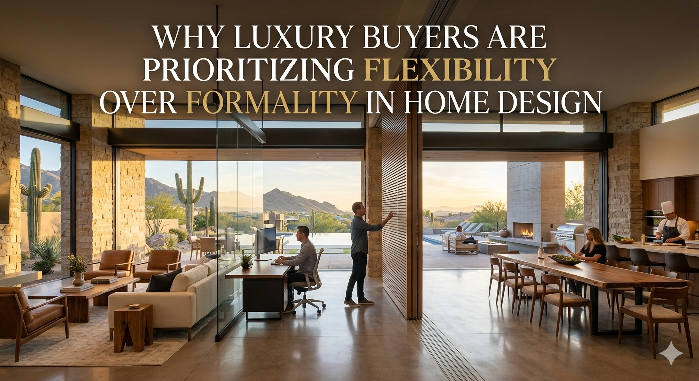 Modern Arizona luxury home interior featuring open-concept flexible living spaces with movable partitions, seamless indoor-outdoor flow, and multipurpose rooms used for work, relaxation, and entertaining, symbolizing the shift toward flexibility over formal room design in high-end real estate, overlaid with the text: “Why Luxury Buyers Are Prioritizing Flexibility Over Formality in Home Design” 