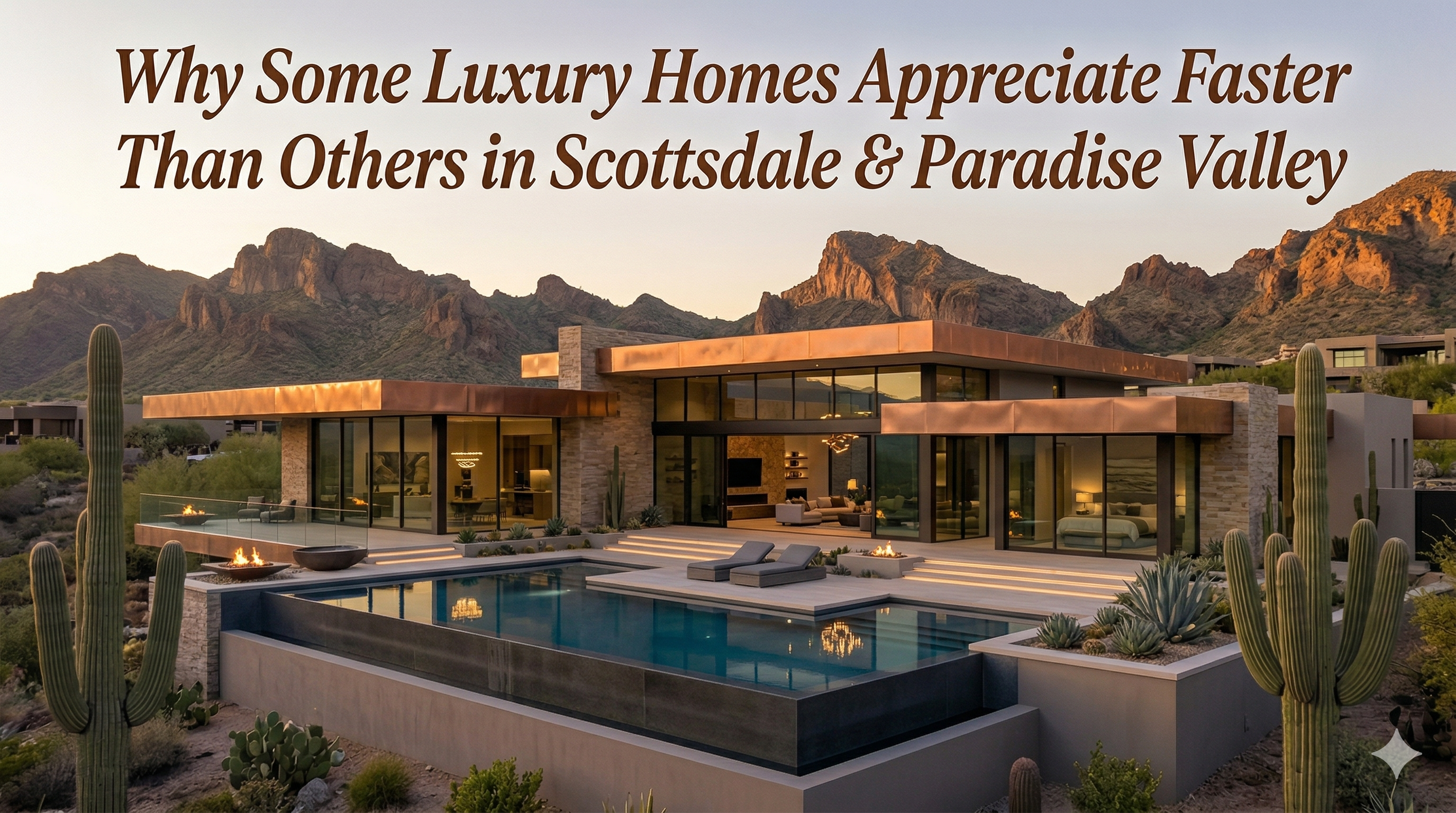 Arizona luxury estate with mountain views and premium architectural design overlaid with text:  Why Some Luxury Homes Appreciate Faster Than Others in Scottsdale & Paradise Valley