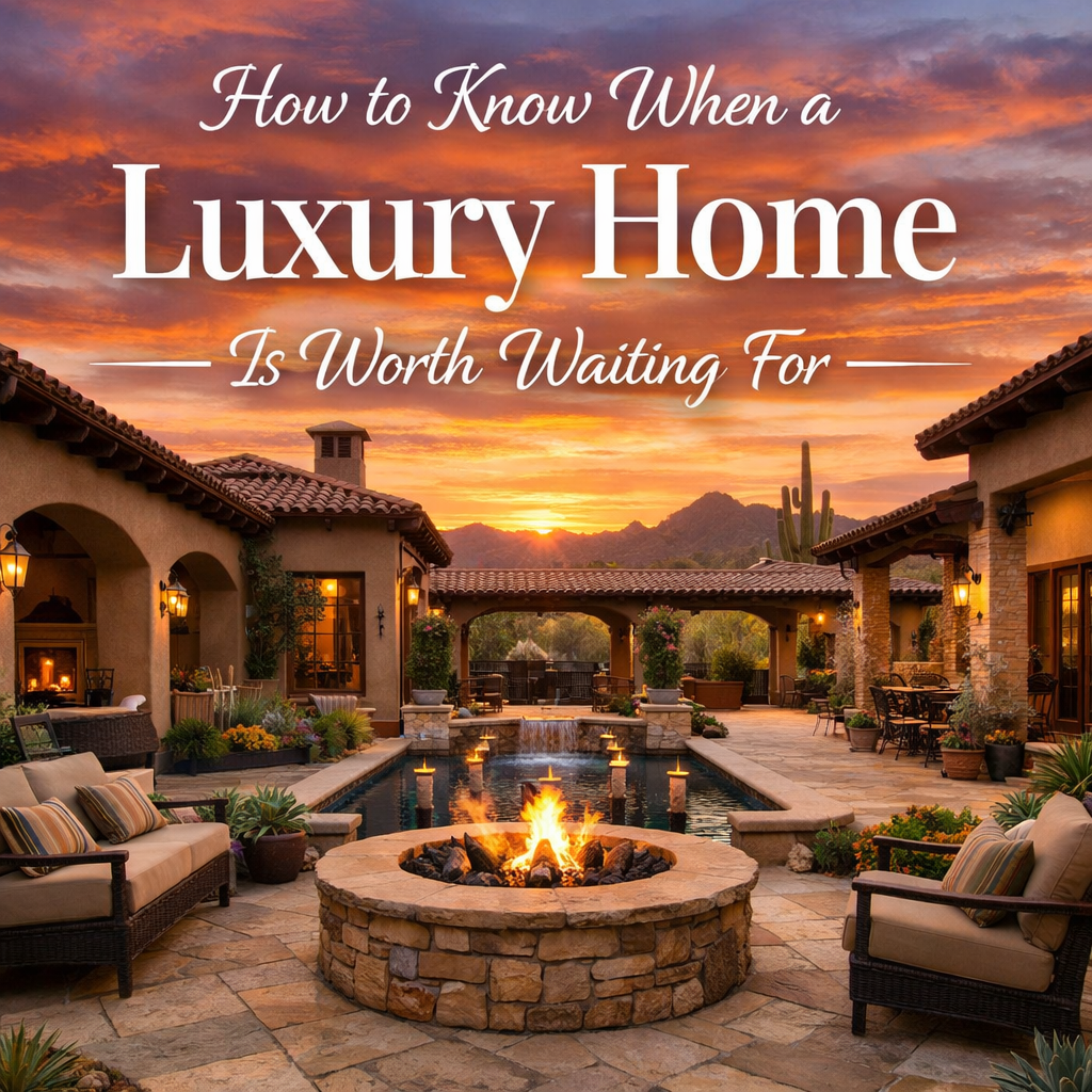 Arizona luxury home with private courtyard and sunset backdrop overlaid with text: How to Know When a Luxury Home Is Worth Waiting For