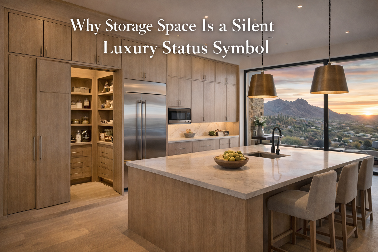 Arizona luxury home showcasing ample storage space as a high-end design feature overlaid with text: Why Storage Space Is a Silent Luxury Status Symbol