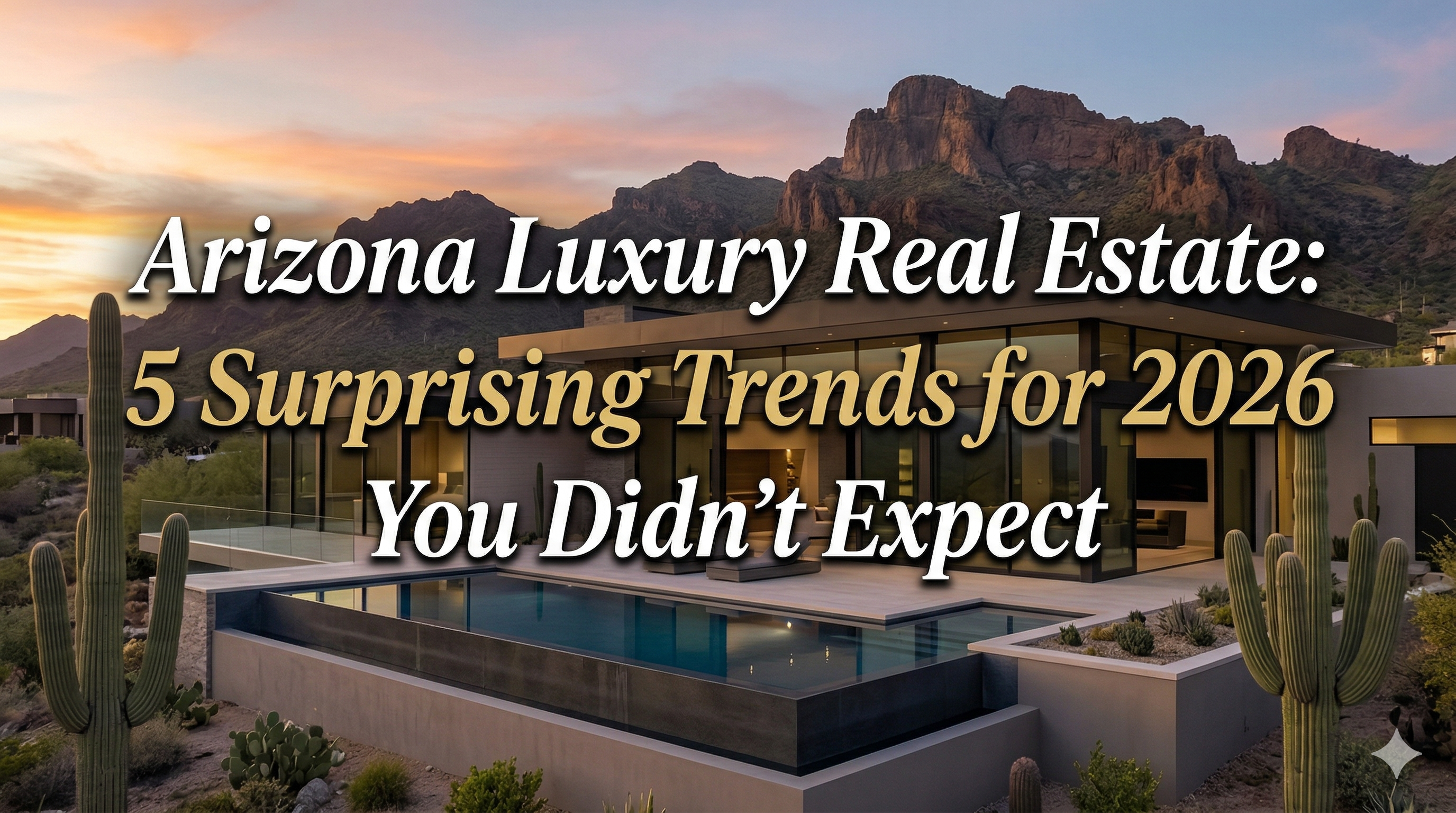  Arizona luxury estate with modern architecture and desert backdrop overlaid with text: Arizona Luxury Real Estate: 5 Surprising Trends for 2026 You Didn’t Expect