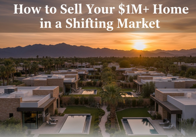 Elegant desert neighborhood at sunset featuring modern luxury homes, palm trees, and a warm golden sky, overlaid with the text:  How to Sell Your $1M+ Home in a Shifting Market