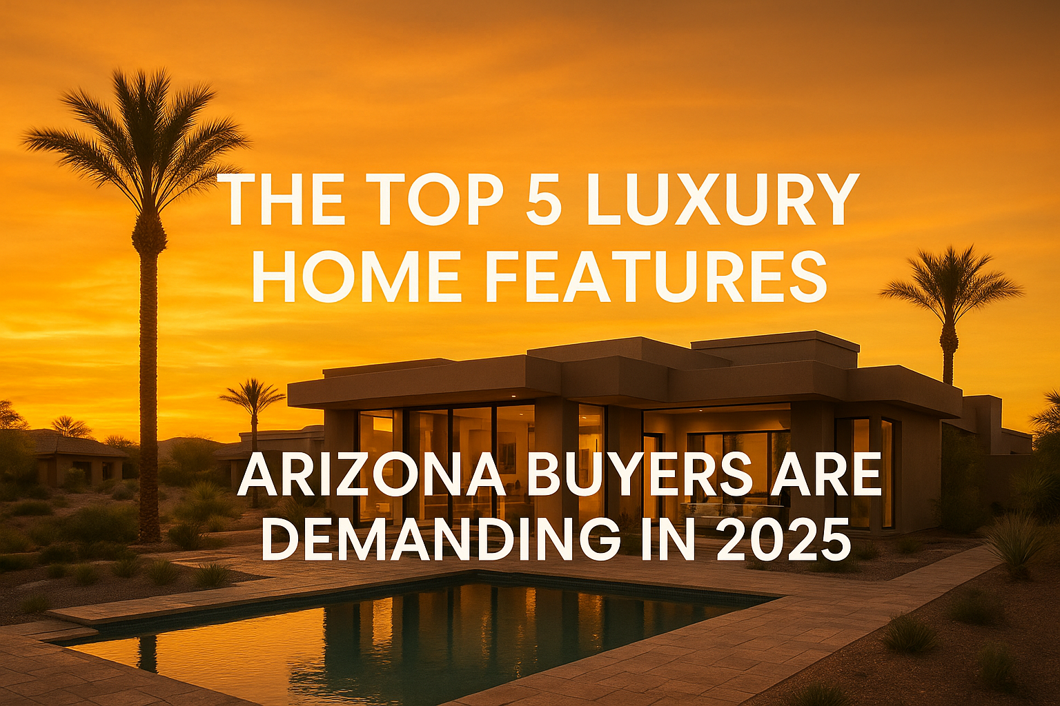 Elegant desert neighborhood at sunset featuring modern luxury homes, palm trees, and a warm golden sky, overlaid with the text:““The Top 5 Luxury Home Features Arizona Buyers Are Demanding in 2025”