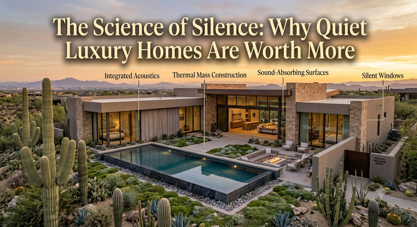 Elegant Arizona luxury home nestled beside a desert preserve, featuring floor-to-ceiling windows, a peaceful courtyard with a reflecting pool, mature desert landscaping, and mountain views at sunset, illustrating the value of quiet luxury through serene surroundings and thoughtful design, overlaid with the text: “The Science of Silence: Why Quiet Luxury Homes Are Worth More” 