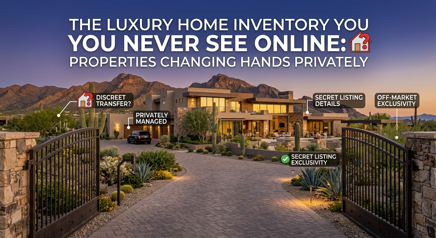 Private Arizona luxury estate in Scottsdale with gated entrance, desert landscaping, mountain views, and discreet residential setting overlaid text: The Luxury Home Inventory You Never See Online: Properties Changing Hands Privately