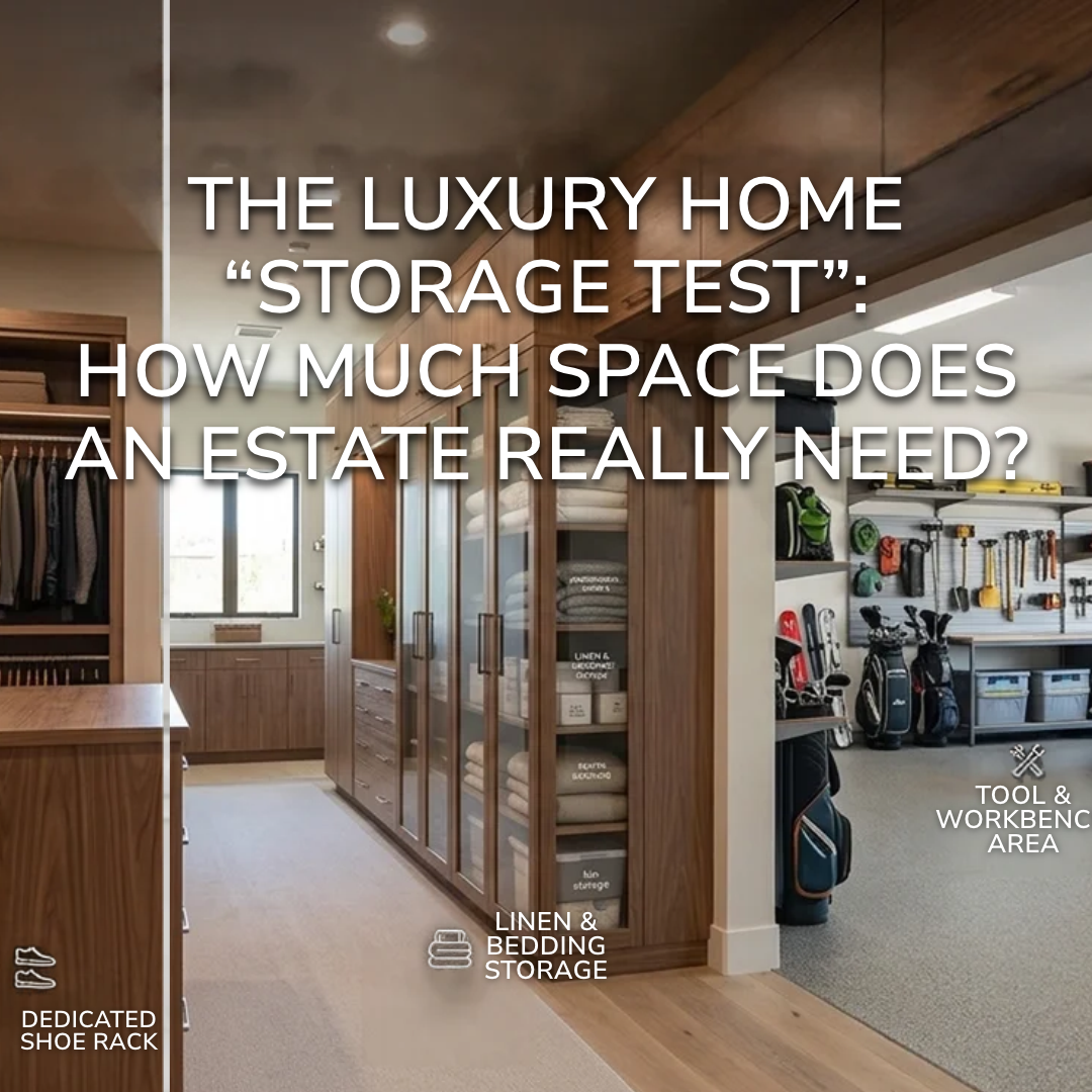 Expansive Arizona luxury home storage area featuring custom walk-in closets, organized cabinetry, spacious garage storage, elegant built-ins, and functional design illustrating the importance of storage in a high-end estate overlaid with text: The Luxury Home “Storage Test”: How Much Space Does an Estate Really Need? 