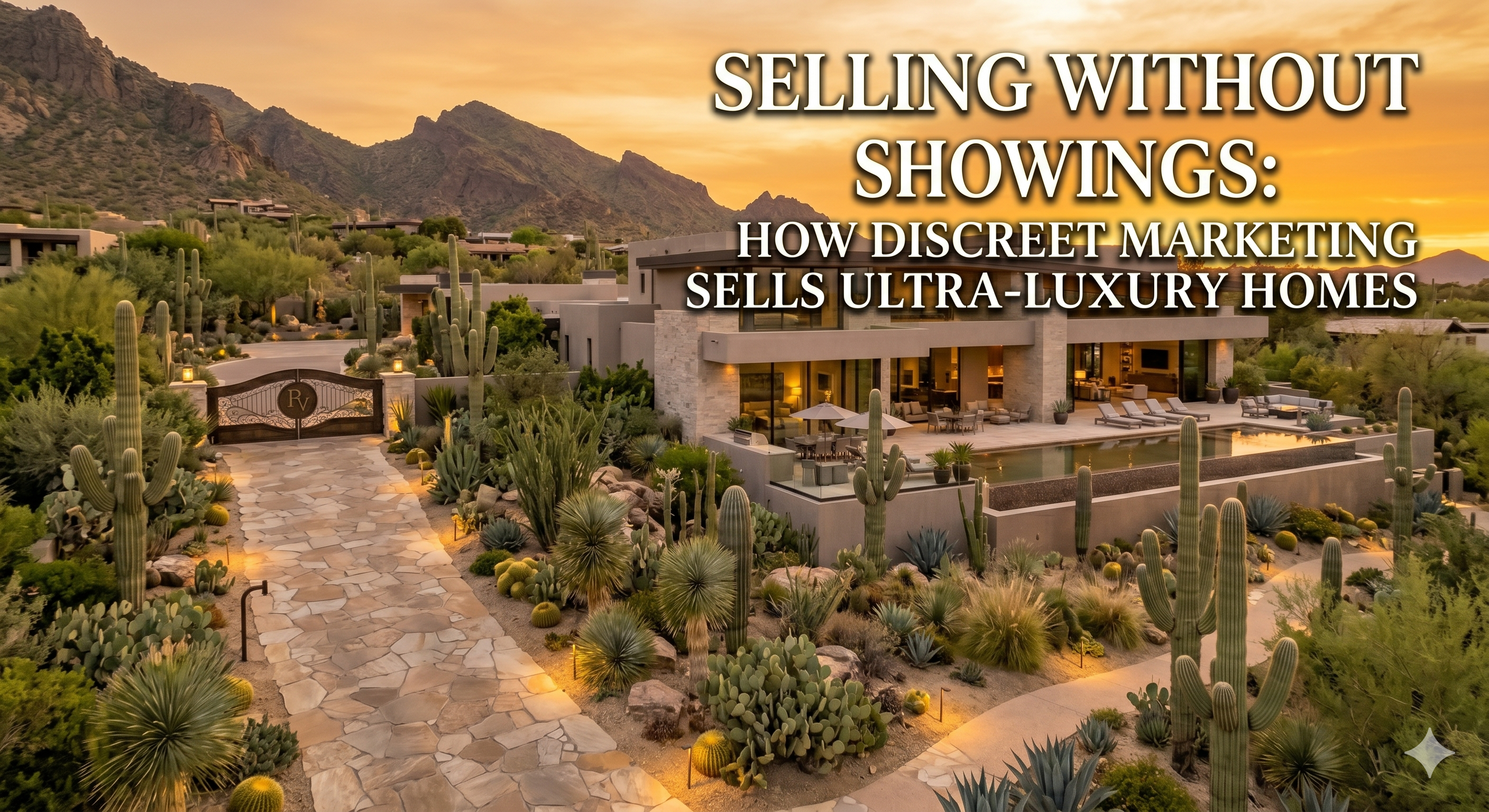 Ultra-luxury Paradise Valley estate with gated entrance, long private driveway, and secluded desert landscaping, overlaid with the text: “Selling Without Showings: How Discreet Marketing Sells Ultra-Luxury Homes”