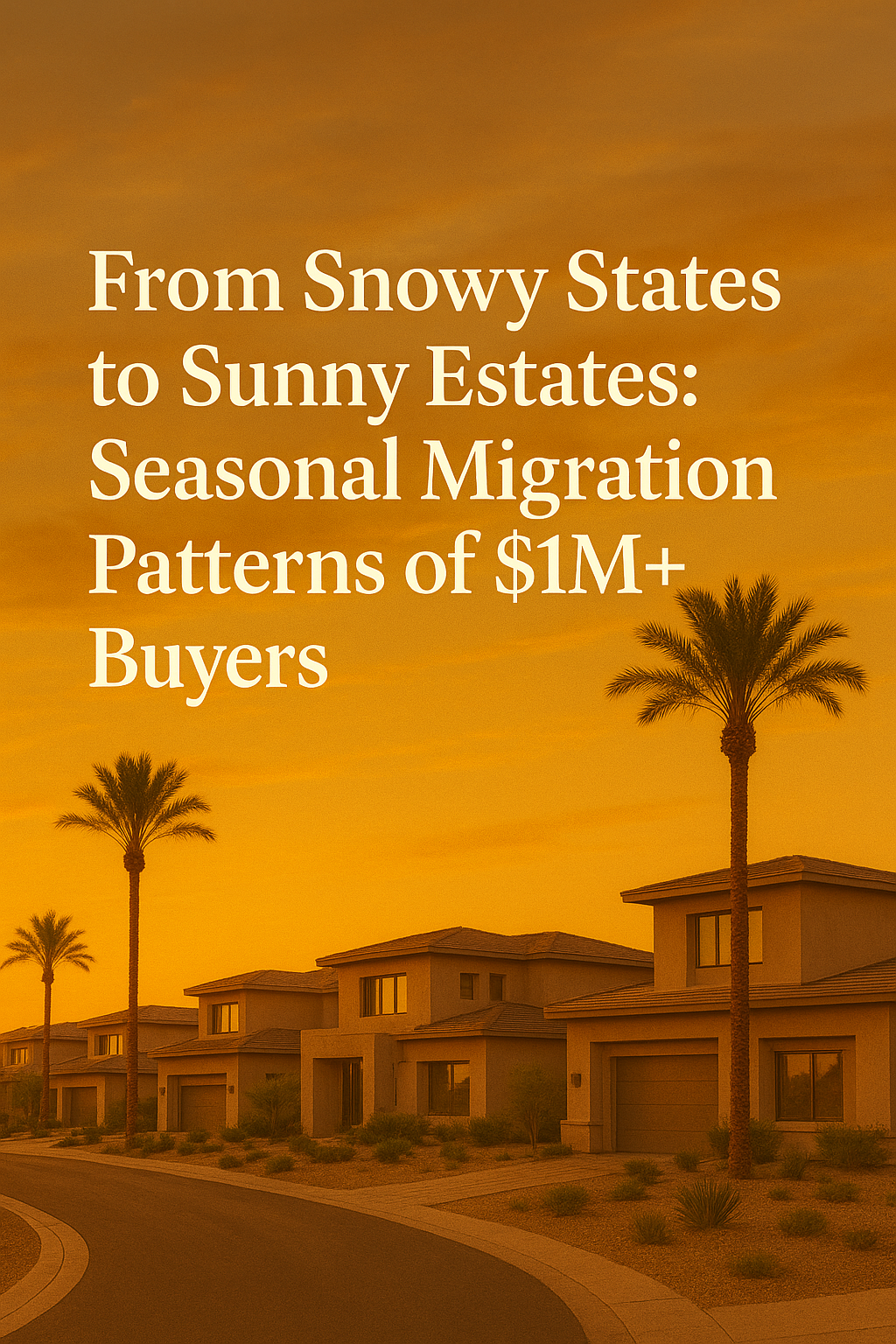Elegant desert neighborhood at sunset featuring modern luxury homes, palm trees, and a warm golden sky, overlaid with the text and kindly do just copy all the text: From Snowy States to Sunny Estates: Seasonal Migration Patterns of $1M+ Buyers