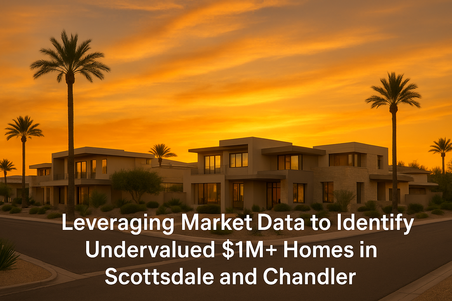 Elegant desert neighborhood at sunset featuring modern luxury homes, palm trees, and a warm golden sky, overlaid with the text: Leveraging Market Data to Identify Undervalued $1M+ Homes in Scottsdale and Chandler