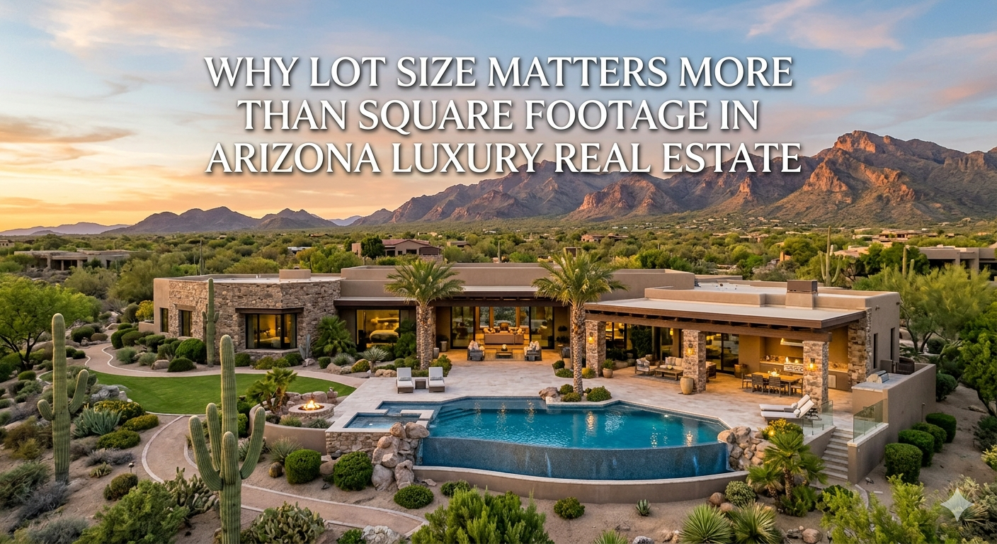 Expansive Arizona luxury estate on a large desert lot featuring a custom home, resort-style pool, landscaped grounds, mountain views, and spacious outdoor living areas, overlaid with the text: “Why Lot Size Matters More Than Square Footage in Arizona Luxury Real Estate”