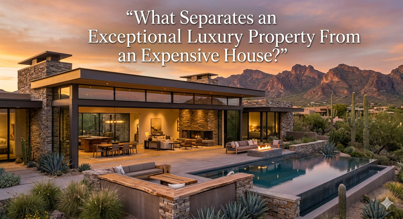 Elegant Arizona luxury home with modern desert architecture, seamless indoor-outdoor living, mountain views, natural stone materials, and soft sunset lighting, symbolizing the difference between an expensive house and an exceptional luxury property, overlaid with the text: “What Separates an Exceptional Luxury Property From an Expensive House?” 