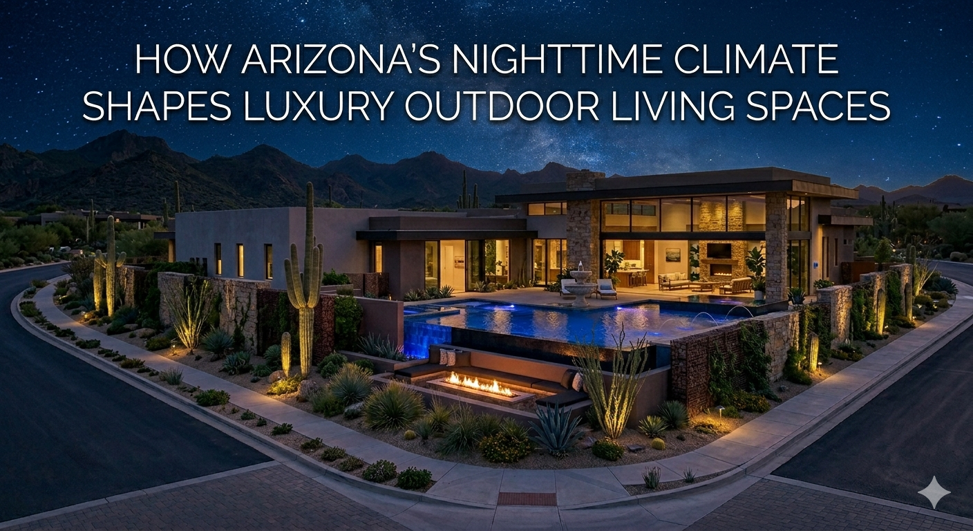  Luxury Arizona backyard at night featuring illuminated infinity pool, fire pit seating area, desert landscaping, and clear star-filled sky, showcasing nighttime outdoor living and desert climate comfort, overlaid with the text: “How Arizona’s Nighttime Climate Shapes Luxury Outdoor Living Spaces” 