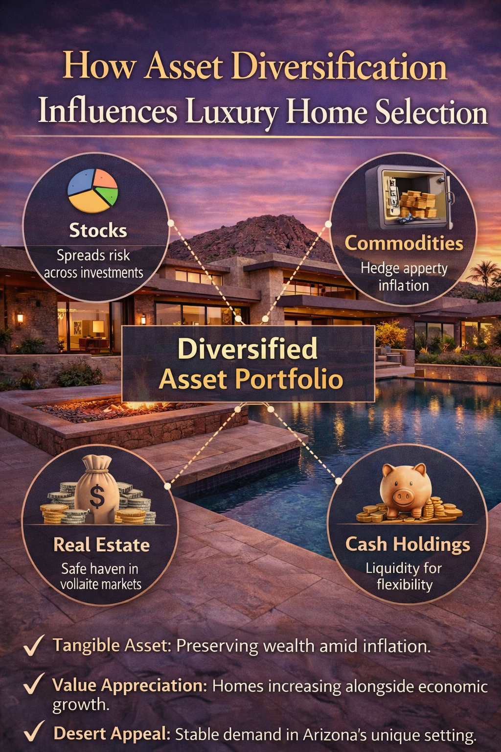 Arizona luxury estate with desert backdrop and subtle economic growth overlay overlaid with text: Luxury Homes as Inflation Hedges: Arizona Case Studies