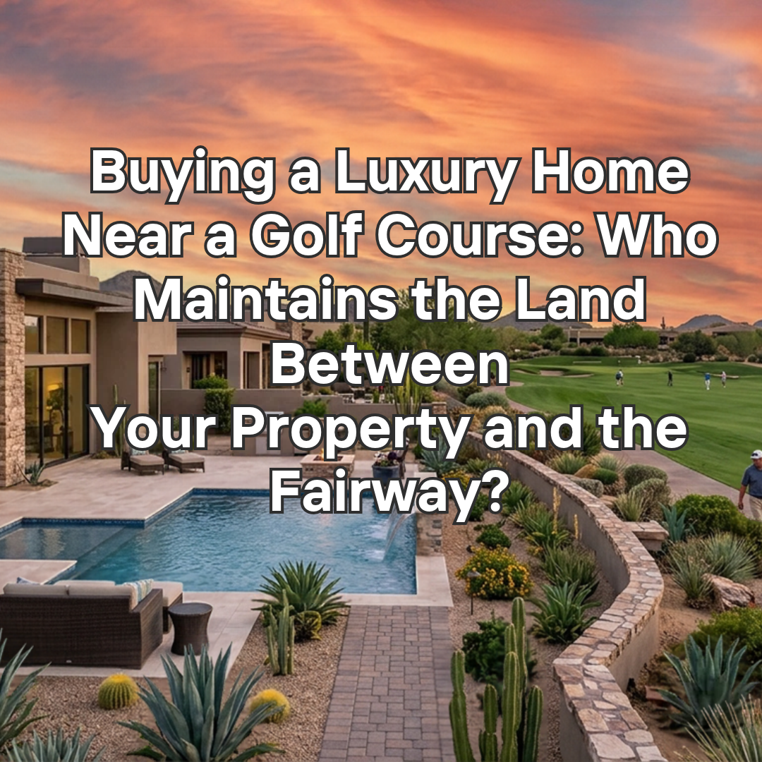 Luxury Arizona golf course home overlooking a manicured fairway with a landscaped backyard and a green boundary buffer, illustrating property ownership and maintenance considerations for golf course homebuyers overlaid with Buying a Luxury Home Near a Golf Course: Who Maintains the Land Between Your Property and the Fairway? 