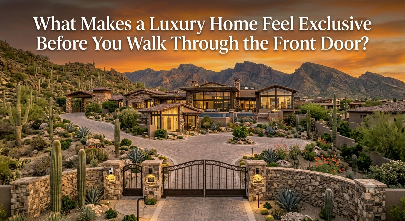 Elegant Arizona luxury estate featuring a gated entrance, long private driveway, desert landscaping, natural stone architecture, dramatic front entry, and mountain backdrop at sunset, illustrating the elements that create an exclusive first impression before entering the home, overlaid with the text: “What Makes a Luxury Home Feel Exclusive Before You Walk Through the Front Door?” 