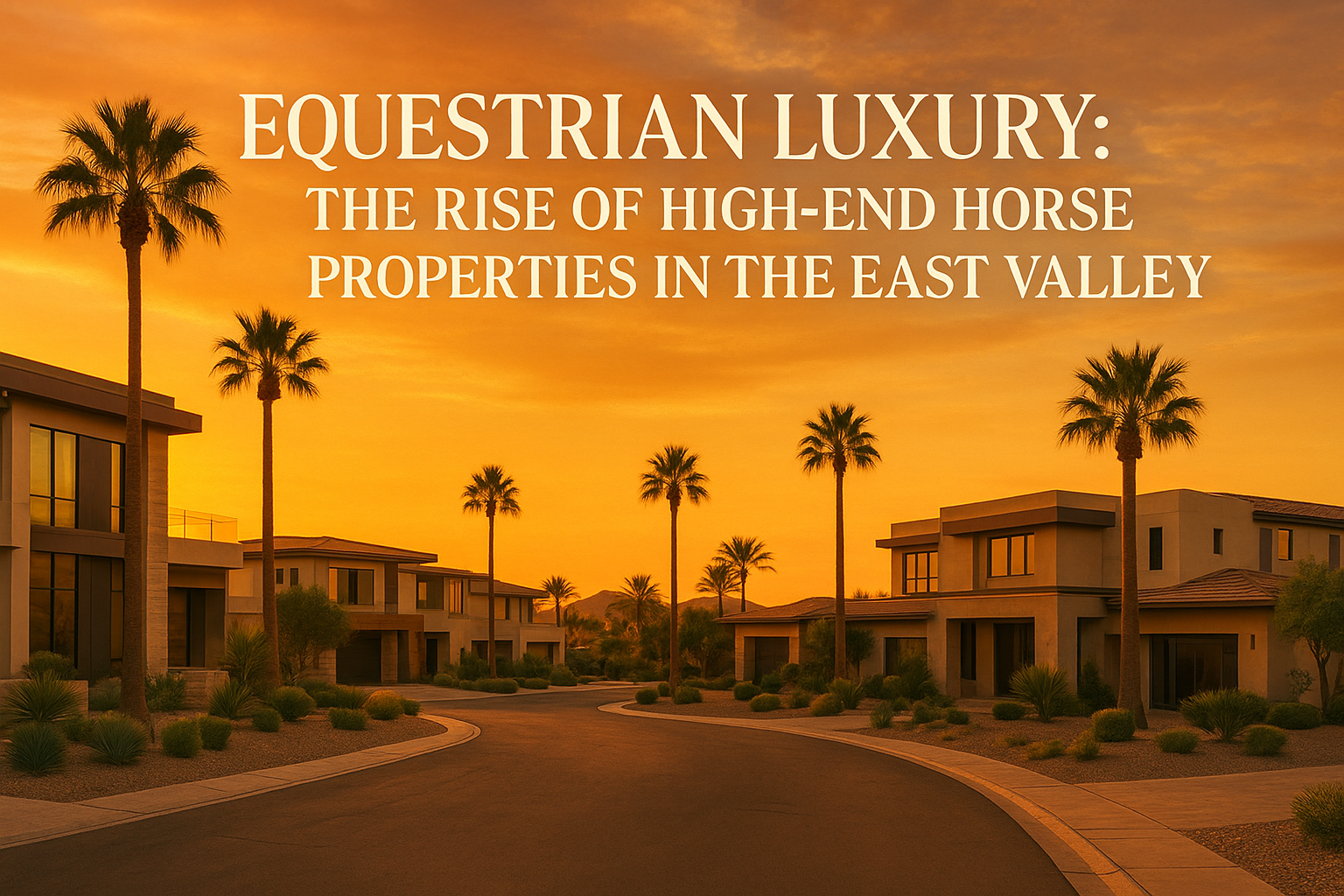 Elegant desert neighborhood at sunset featuring modern luxury homes, palm trees, and a warm golden sky, overlaid with the text: Equestrian Luxury: The Rise of High-End Horse Properties in the East Valley