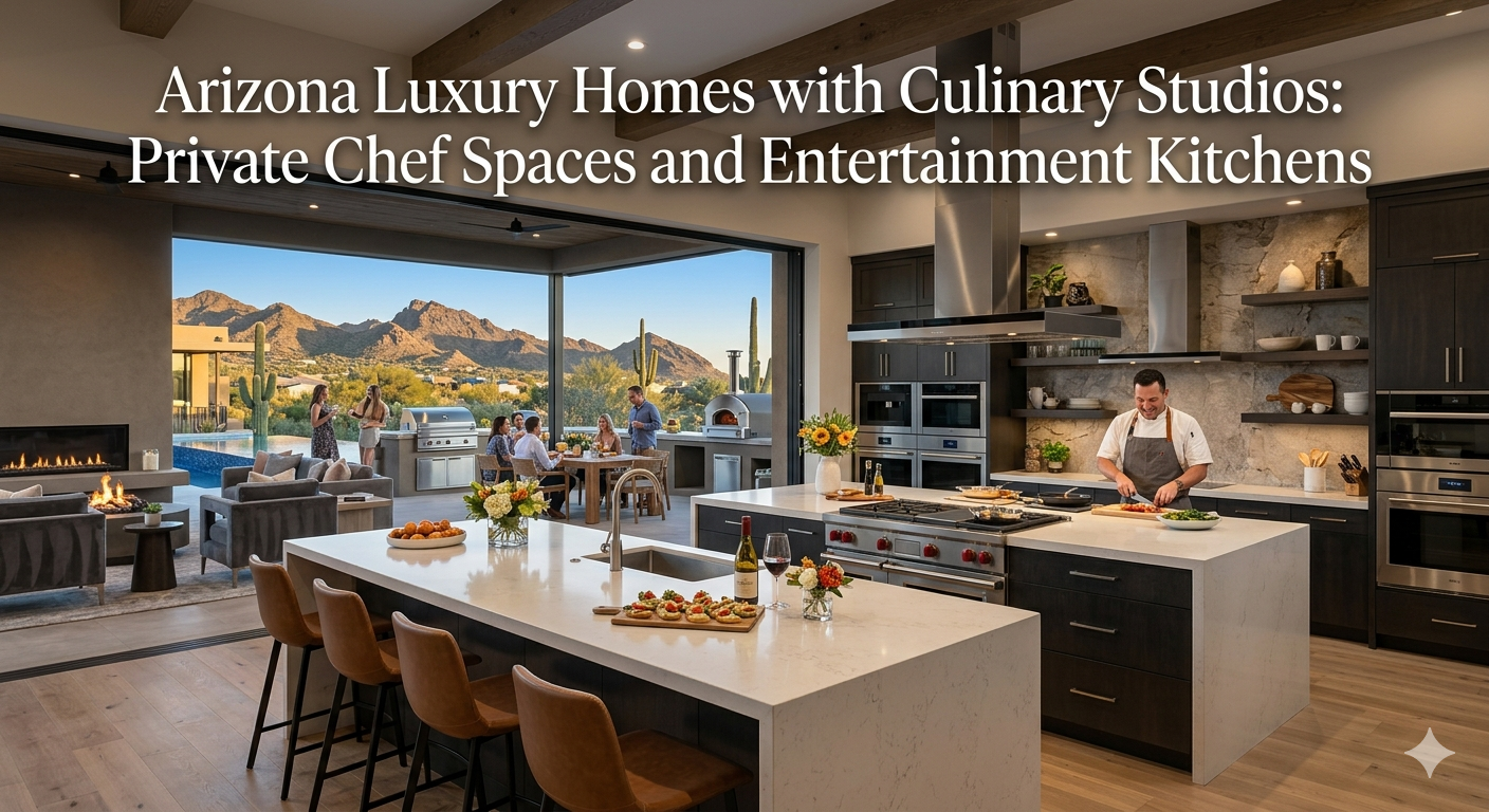 Ultra-luxury Arizona home featuring a modern culinary studio kitchen with dual islands, chef-grade appliances, indoor-outdoor cooking area opening to a desert-view patio, and elegant entertaining space, overlaid with the text: “Arizona Luxury Homes with Culinary Studios: Private Chef Spaces and Entertainment Kitchens” 