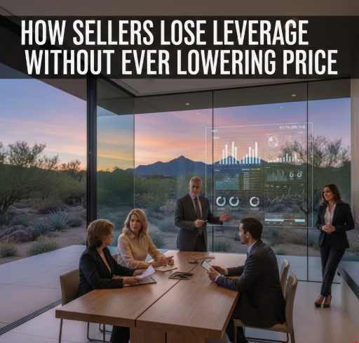 Luxury Arizona home showing negotiation dynamics and the importance of maintaining leverage WITH OVERLAY text: How Sellers Lose Leverage Without Ever Lowering Price