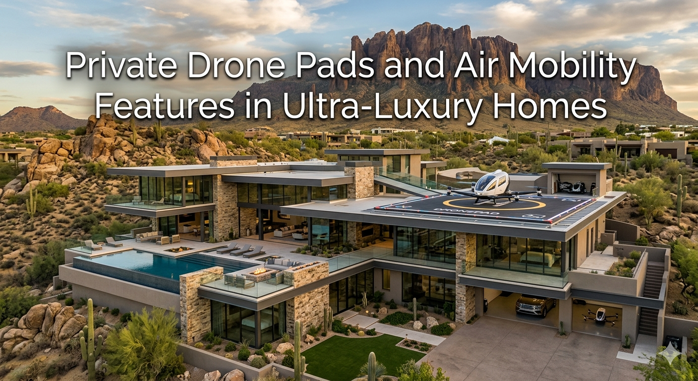 Ultra-luxury Arizona estate featuring a futuristic rooftop drone landing pad, desert mountain backdrop, and modern architectural design with integrated air mobility infrastructure, overlaid with the text: “Private Drone Pads and Air Mobility Features in Ultra-Luxury Homes”