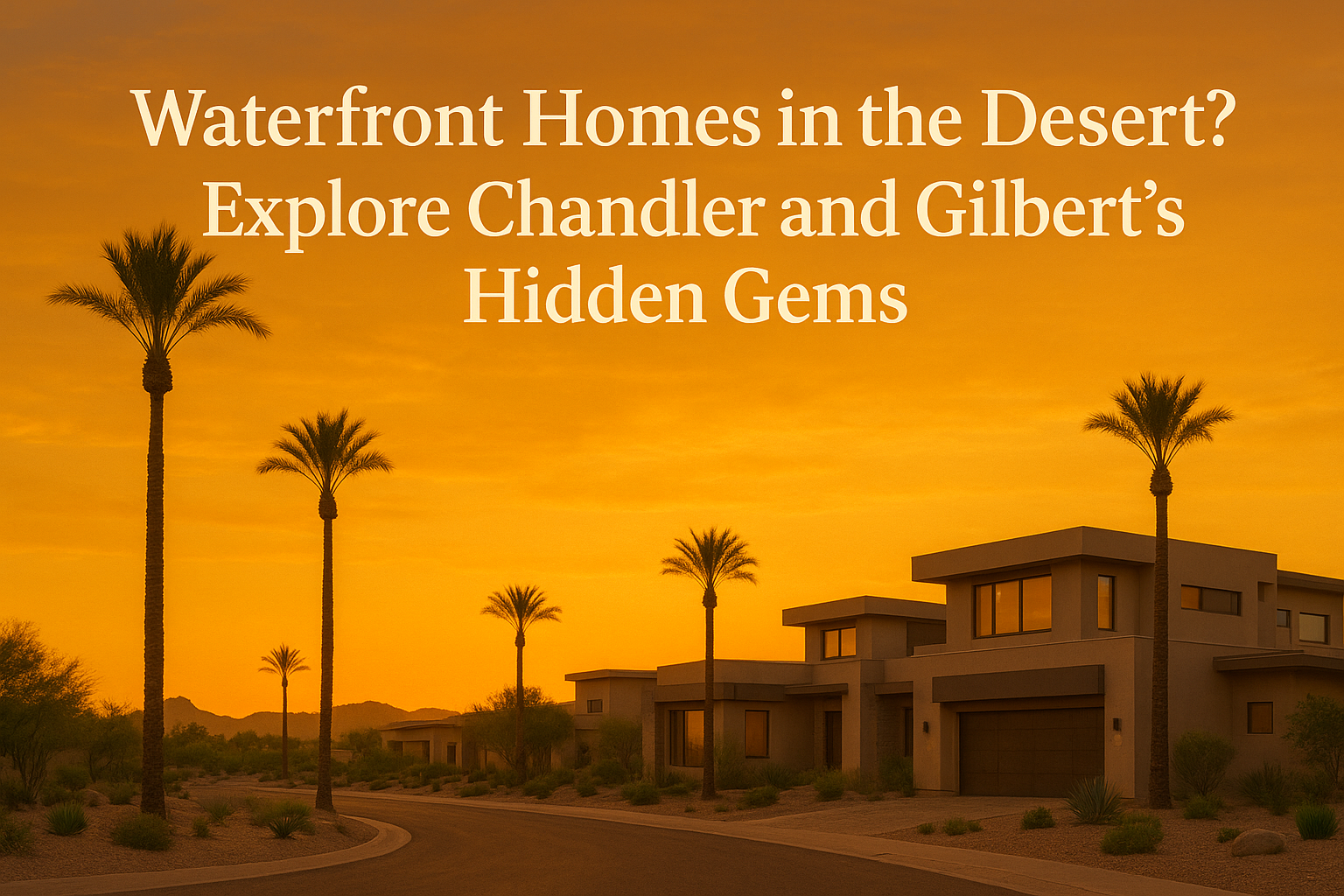 An elegant desert neighborhood at sunset featuring modern luxury homes, tall palm trees, and a warm golden sky, with overlaid text reading “Waterfront Homes in the Desert? Explore Chandler and Gilbert’s Hidden Gems.”