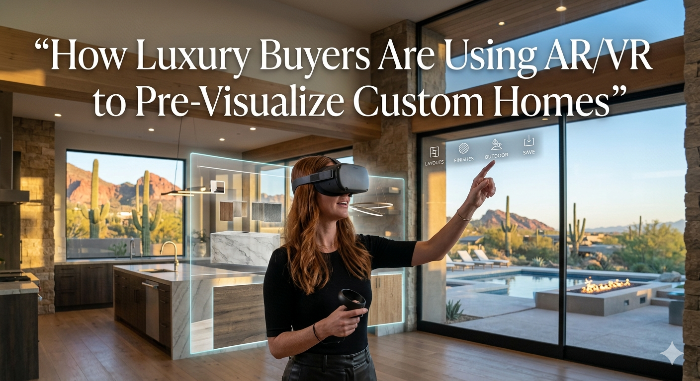  Luxury homebuyer using virtual reality headset inside a modern Arizona luxury residence while viewing customizable home layouts, interior finishes, and outdoor living spaces, overlaid with the text: “How Luxury Buyers Are Using AR/VR to Pre-Visualize Custom Homes”