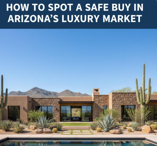 Arizona luxury home with timeless architecture and desert landscaping, overlaid with the text: “HOW TO SPOT A SAFE BUY IN ARIZONA’S LUXURY MARKET”