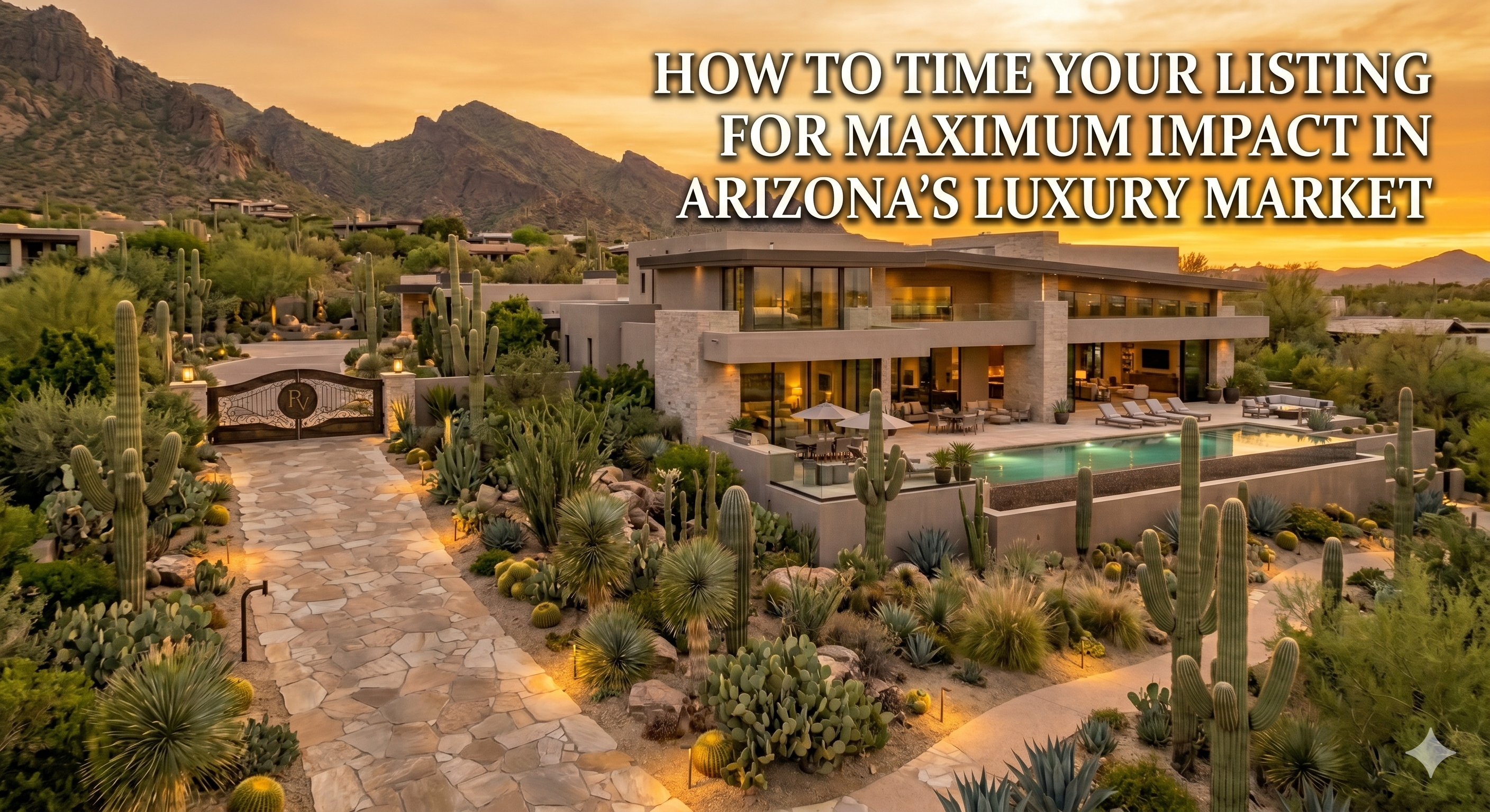 Luxury Scottsdale home at sunset with glowing desert landscape, resort-style pool, and mountain views, overlaid with the text: “How to Time Your Listing for Maximum Impact in Arizona’s Luxury Market”