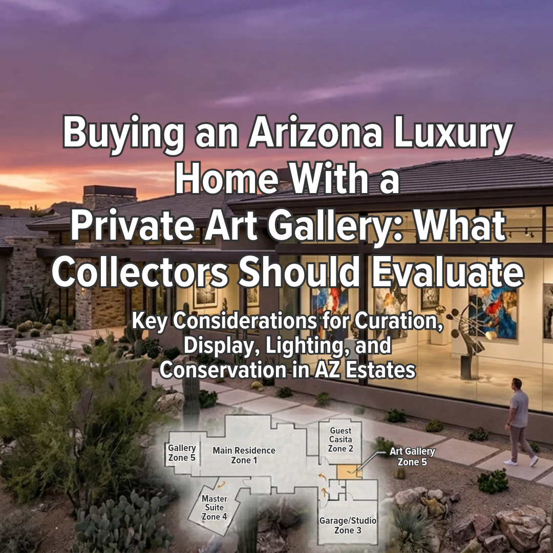 Arizona luxury home with a private art gallery featuring curated fine art, elegant display lighting, and contemporary architectural design overlaid with text: Buying an Arizona Luxury Home With a Private Art Gallery: What Collectors Should Evaluate