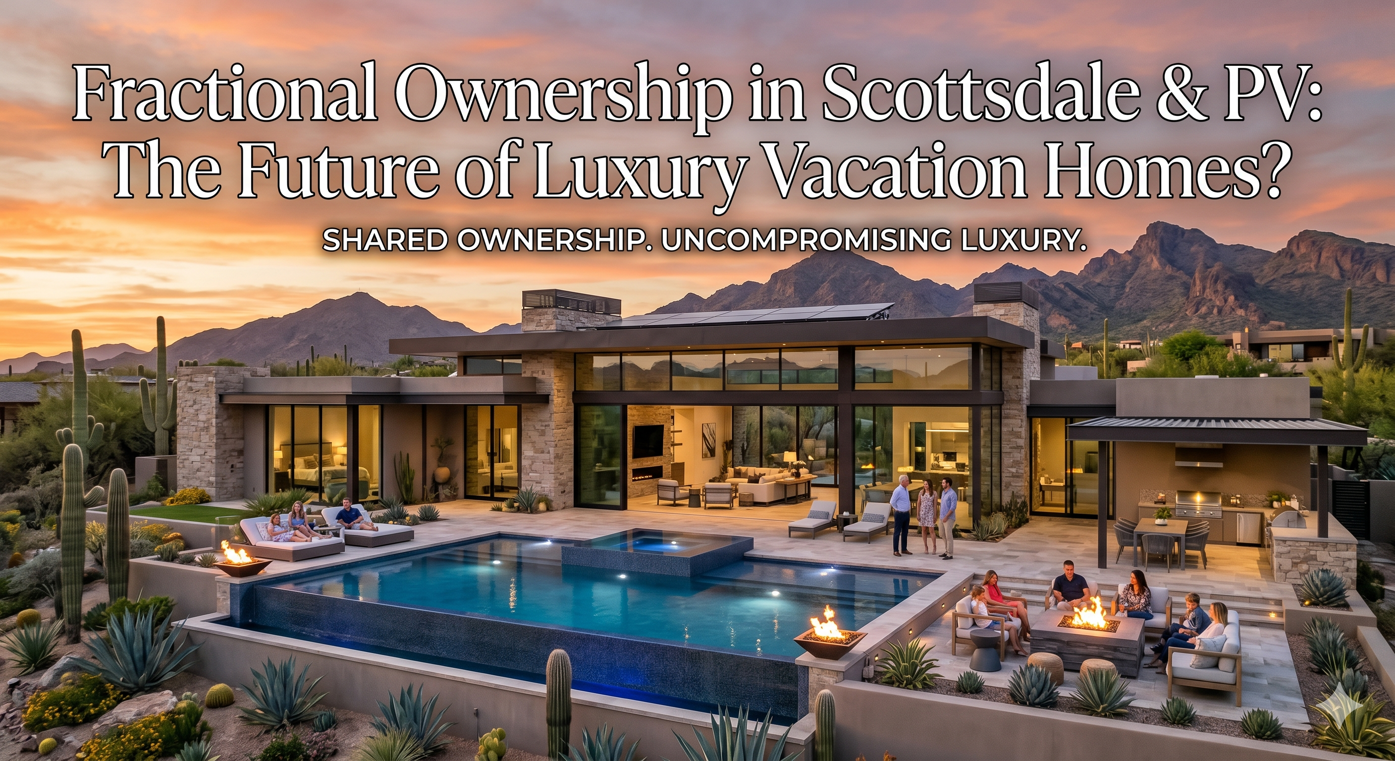 Luxury Scottsdale vacation home with modern architecture, desert landscaping, and resort-style outdoor space, representing shared ownership living, overlaid with the text: “Fractional Ownership in Scottsdale & PV: The Future of Luxury Vacation Homes?”
