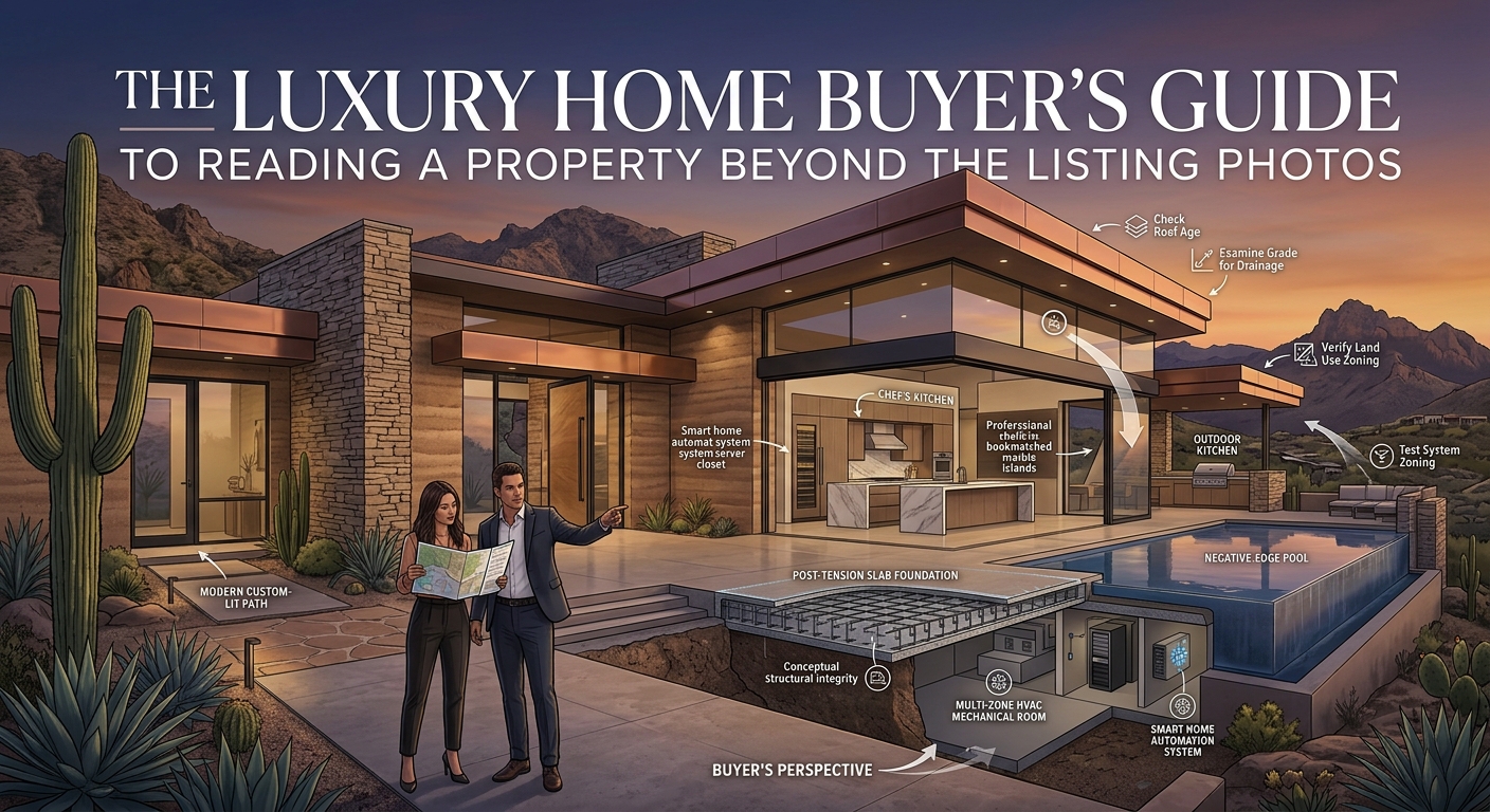 Arizona luxury home being evaluated beyond listing photos, featuring an elegant interior, floor-to-ceiling windows with mountain views, resort-style backyard, aerial property view, and surrounding neighborhood, illustrating how luxury buyers can assess a property beyond its online presentation with text:The Luxury Home Buyer’s Guide to Reading a Property Beyond the Listing Photos