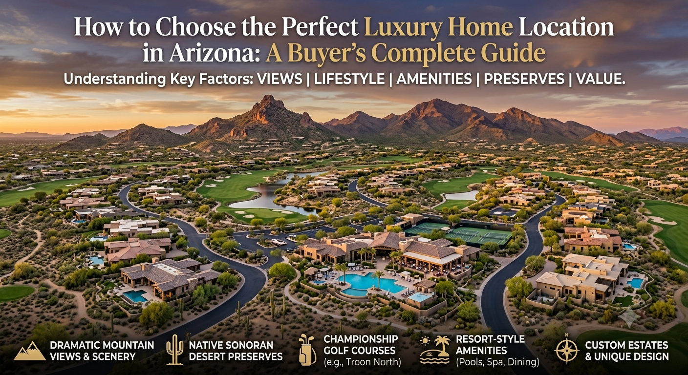 Scenic aerial view of an Arizona luxury community featuring custom estates, mountain views, championship golf courses, desert preserves, and resort-style amenities, illustrating the key factors buyers consider when choosing the perfect luxury home location, overlaid with the text: “How to Choose the Perfect Luxury Home Location in Arizona: A Buyer's Complete Guide.”