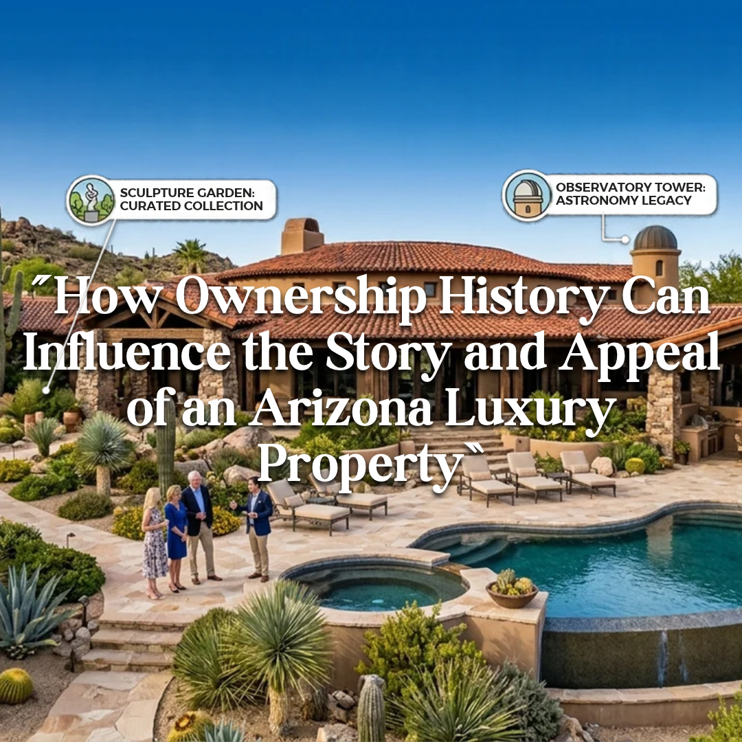 Arizona luxury estate showcasing distinctive architecture, mature desert landscaping, and refined outdoor spaces illustrating how ownership history can shape a property's character overlaid with text: How Ownership History Can Influence the Story and Appeal of an Arizona Luxury Property 