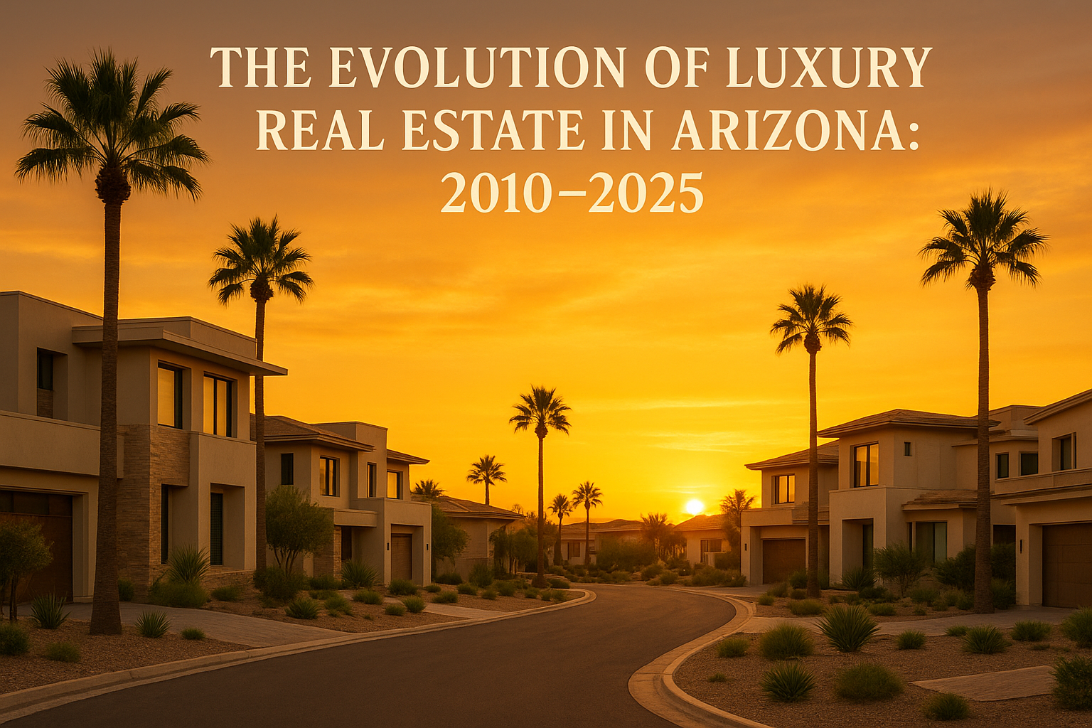 legant desert neighborhood at sunset featuring modern luxury homes, palm trees, and a warm golden sky, overlaid with the text:The Evolution of Luxury Real Estate in Arizona: 2010–2025