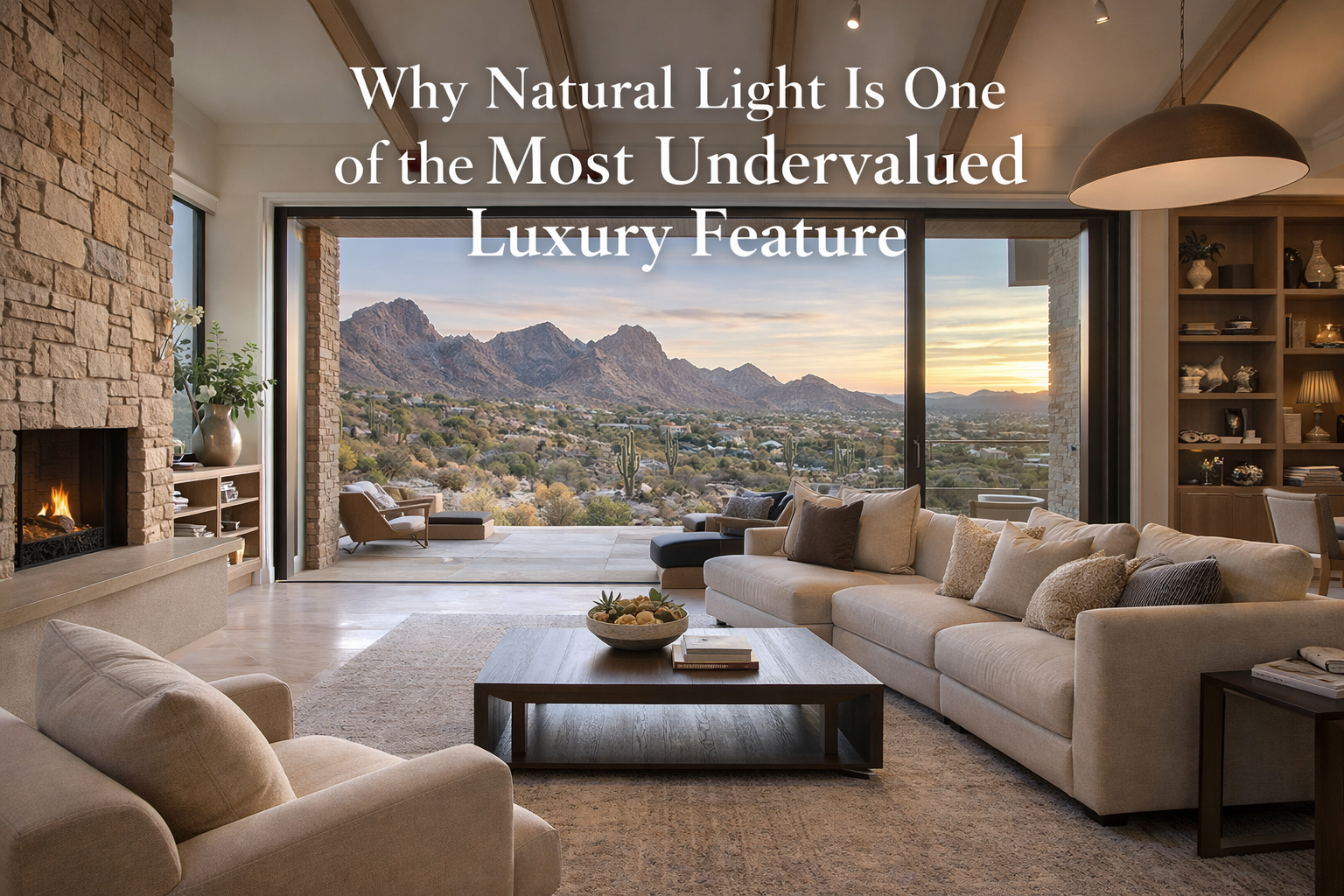 Arizona luxury home interior filled with soft, controlled natural light and desert views overlaid with text: Why Natural Light Is One of the Most Undervalued Luxury Feature