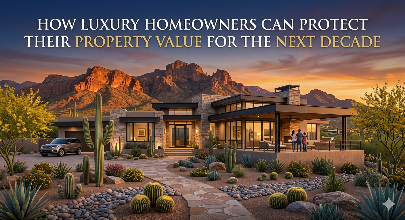 Elegant Arizona luxury home exterior with desert landscaping, modern architecture, mountain views, and sunset lighting, symbolizing long-term property value protection, overlaid with the text: “How Luxury Homeowners Can Protect Their Property Value for the Next Decade”