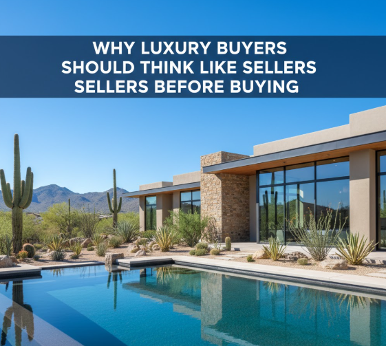 Arizona luxury home exterior with modern architecture and desert landscaping, overlaid with the text: “WHY LUXURY BUYERS SHOULD THINK LIKE SELLERS BEFORE BUYING”