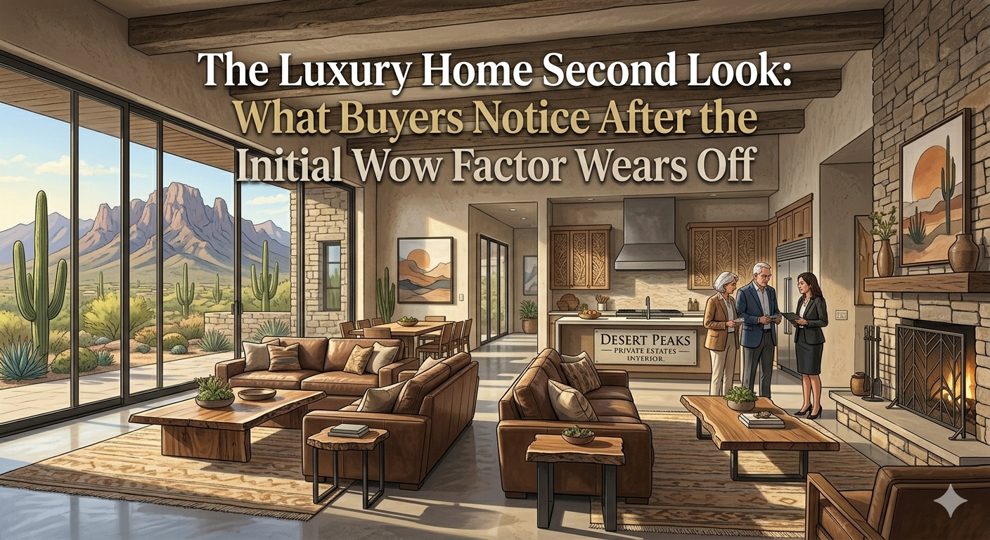 Luxury Arizona home interior during a private second showing, featuring elegant living spaces, natural light, custom finishes, and expansive views, symbolizing what buyers evaluate after the initial wow factor wears off, overlaid with the text: “The Luxury Home Second Look: What Buyers Notice After the Initial Wow Factor Wears Off”