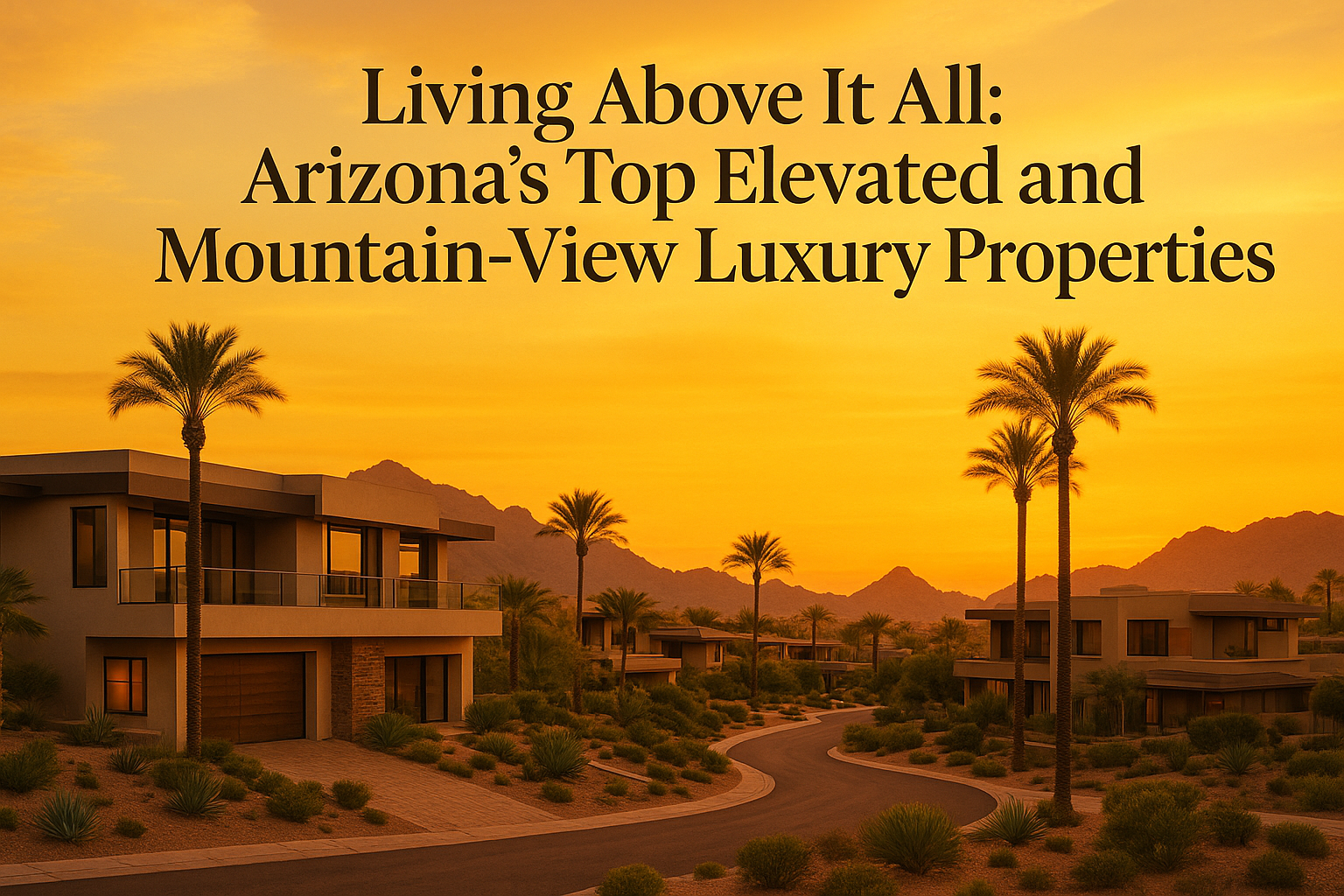 Elegant desert neighborhood at sunset featuring modern luxury homes, palm trees, and a warm golden sky, overlaid with the text: Living Above It All: Arizona’s Top Elevated and Mountain-View Luxury Properties
