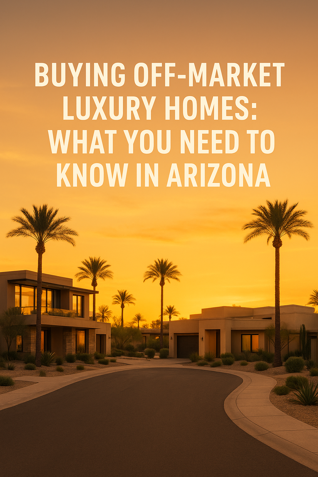 Elegant desert neighborhood at sunset featuring modern luxury homes, palm trees, and a warm golden sky, overlaid with the text: Buying Off-Market Luxury Homes: What You Need to Know in Arizona