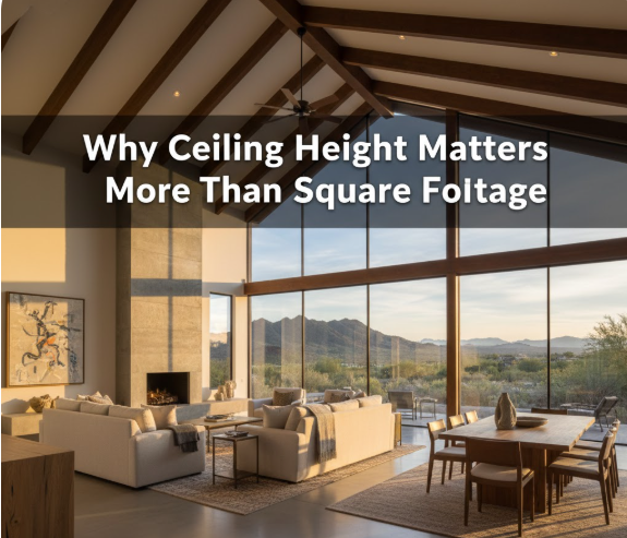 Arizona luxury home interior with vaulted ceilings and expansive open layout with overlaid text:Why Ceiling Height Matters More Than Square Footage
